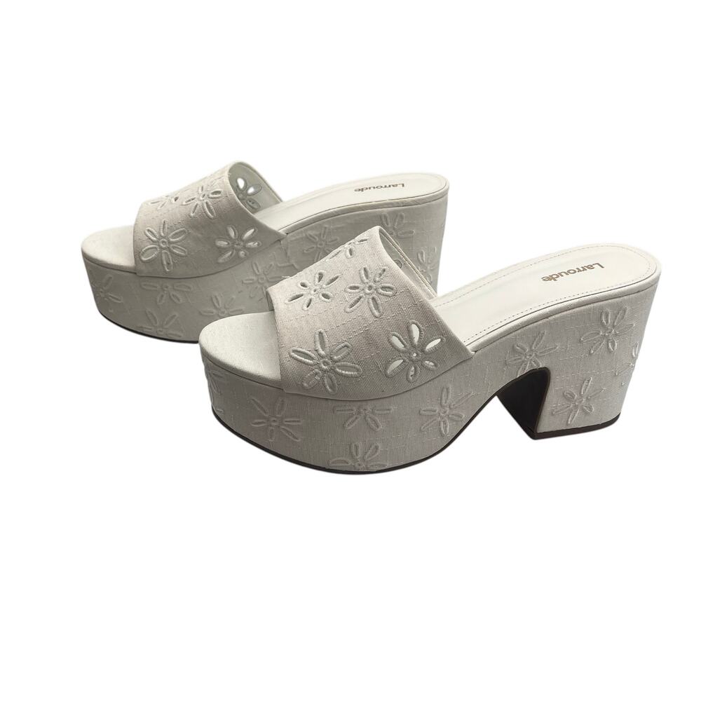 Larroude Platform Sandals Mules Slip On Miso Floral Eyelet Cutout White Size 10